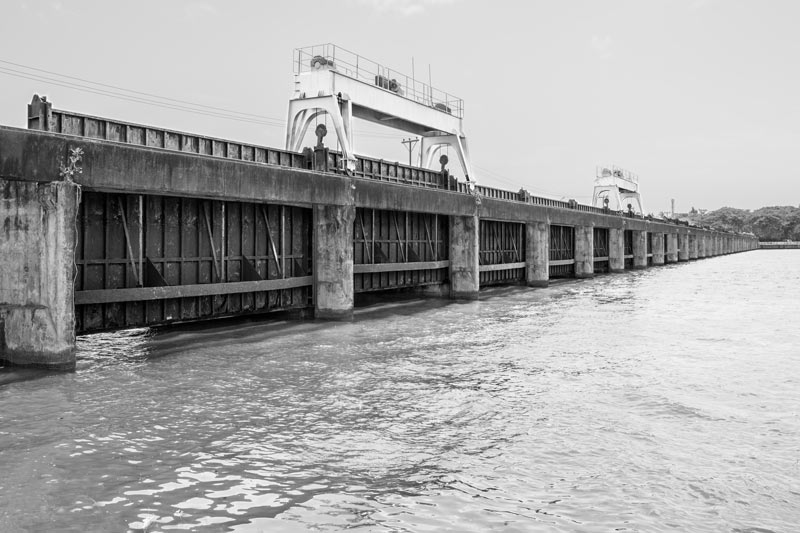 Seaside view of Thanneermukkom Saltwater Barrier in Kerala that facilitates cultivation of a second paddy crop in Kuttanad by keeping the water in Vembanad Lake area free of salinity ingress